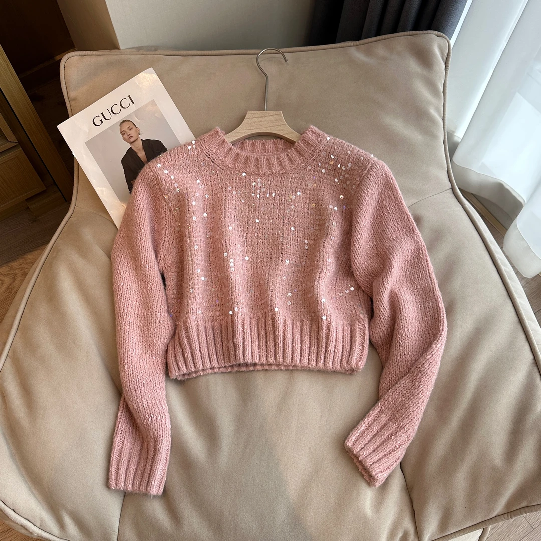 【婷婷推荐】法式小香风亮片毛衣女秋冬慵懒风加厚短款62198