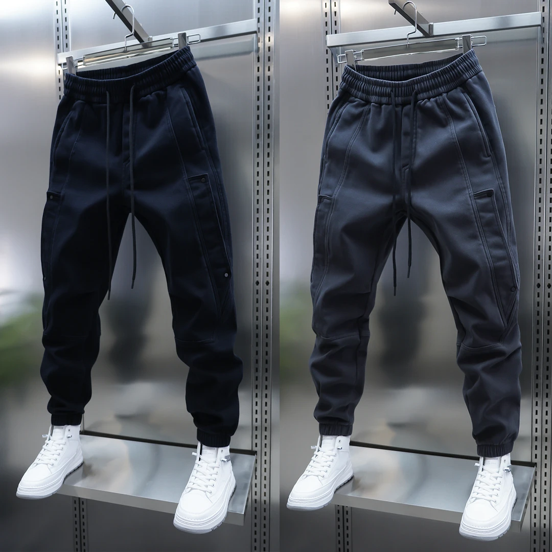 2025男士冬季加绒加厚束脚休闲裤纯色拼接松紧腰小脚裤