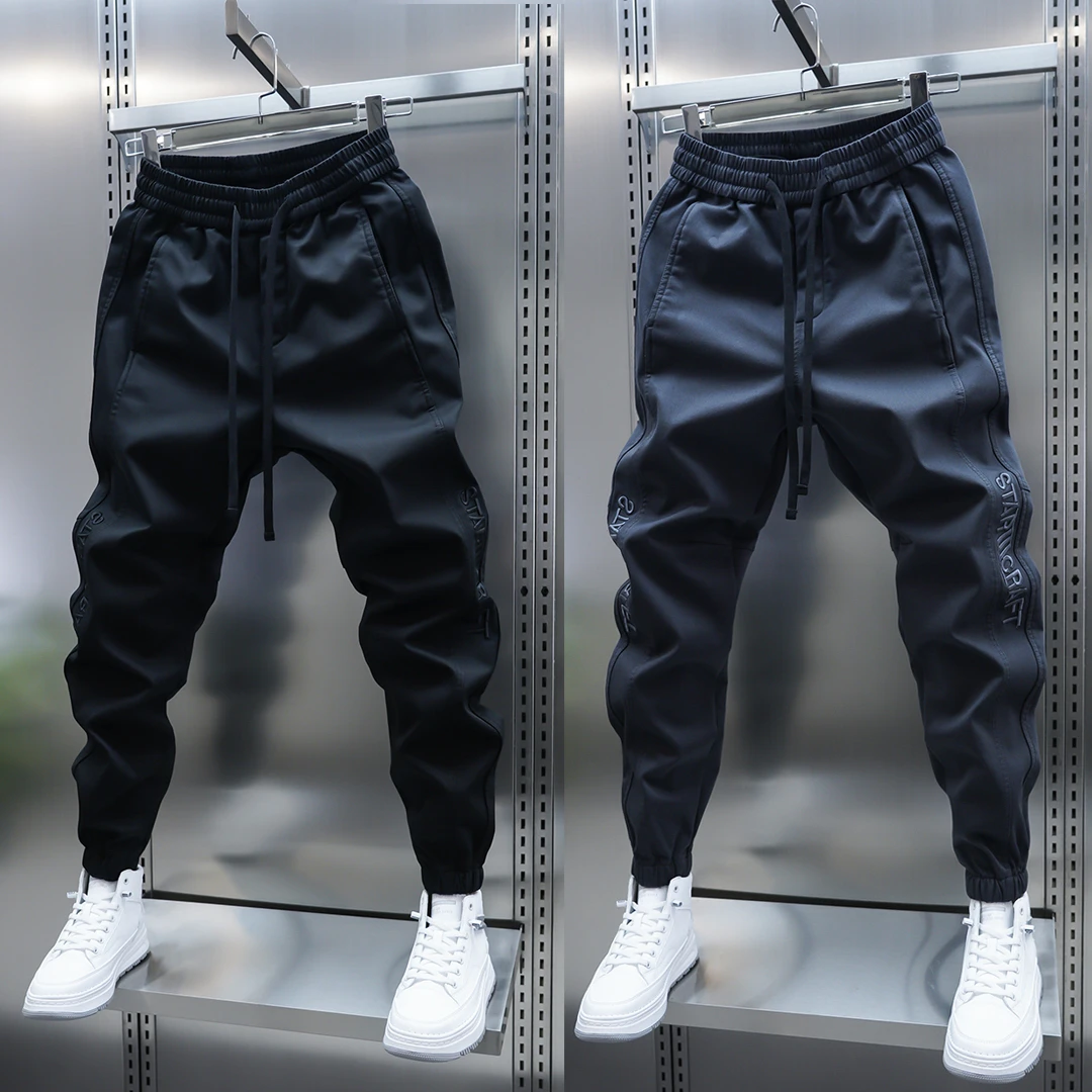 2025新款男士加绒纯色休闲裤拼接刺绣弹力束脚裤潮男韩版小脚长裤