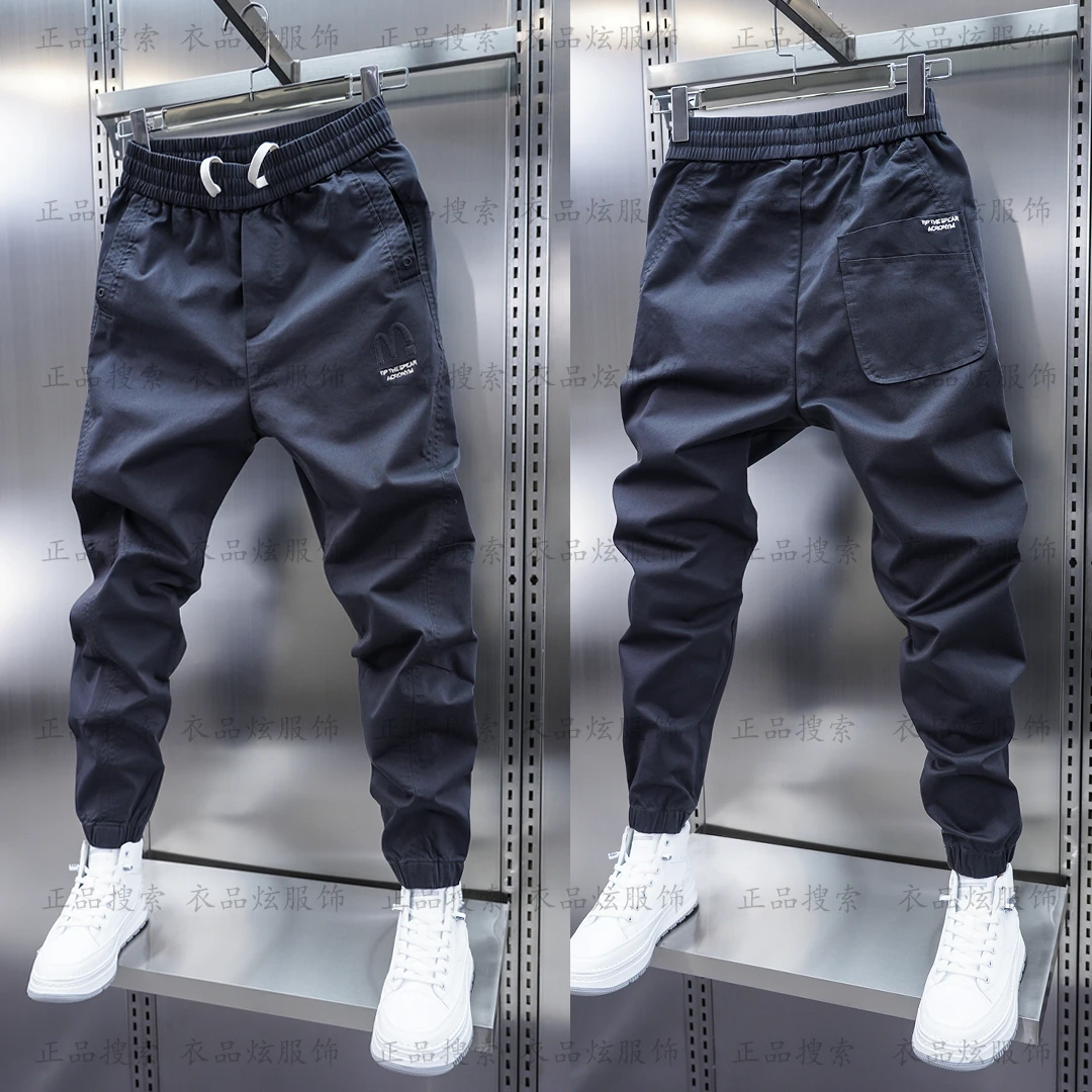 男士新款纯色刺绣休闲裤拼接束脚弹力松紧腰小脚裤百搭修身显瘦