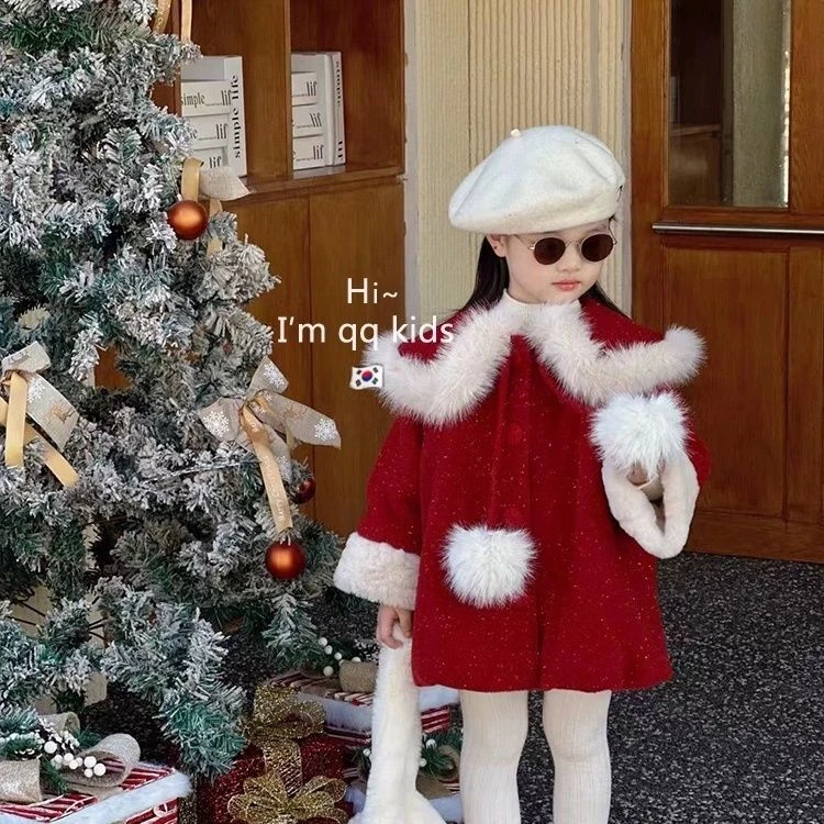 女童外套2024冬季新款加绒加厚防寒红色新年服儿童超萌拜年呢大衣