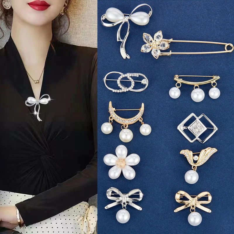 低胸防走光扣水钻蝴蝶结胸针女领口珍珠胸花别针扣针固定衣服