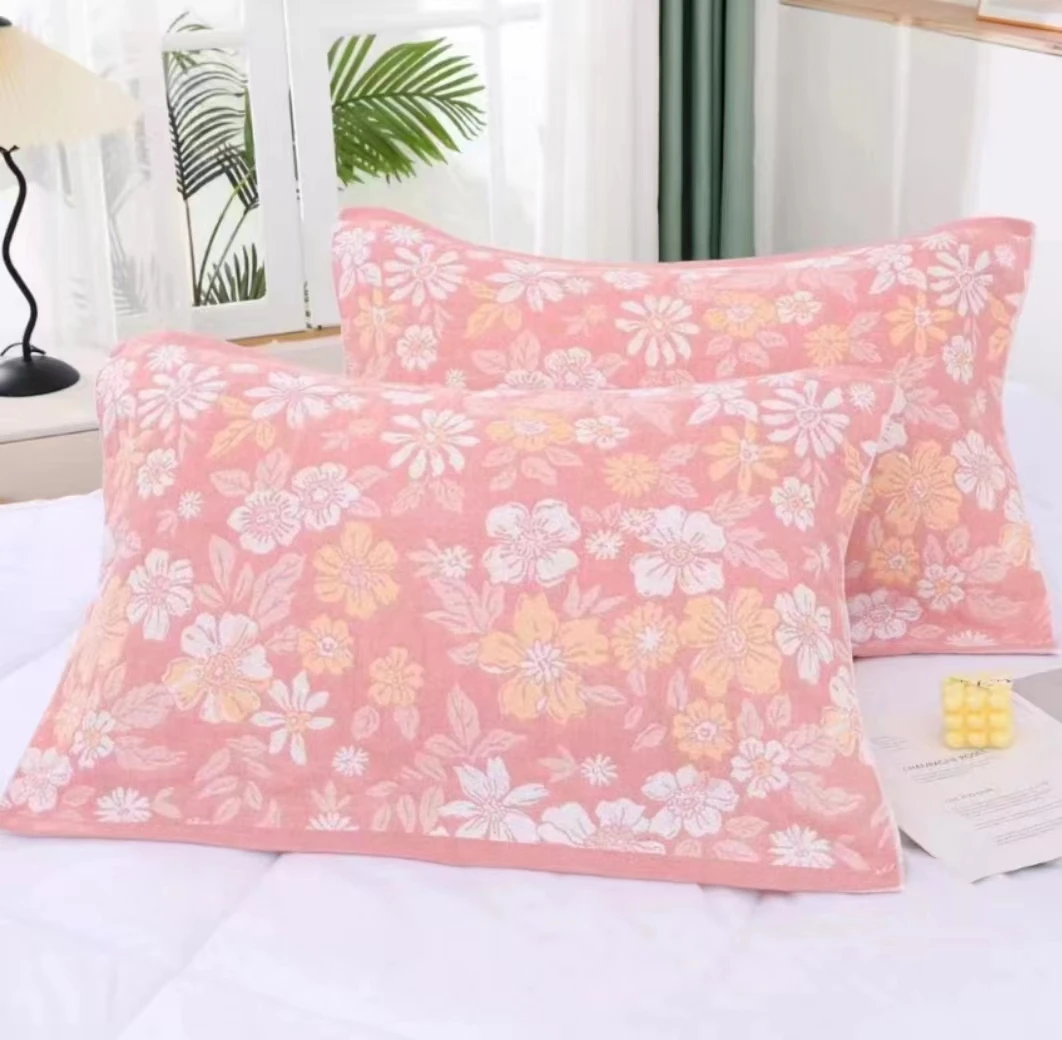 【粉色碎花枕巾一对装K】纱布防汗高档透气枕巾