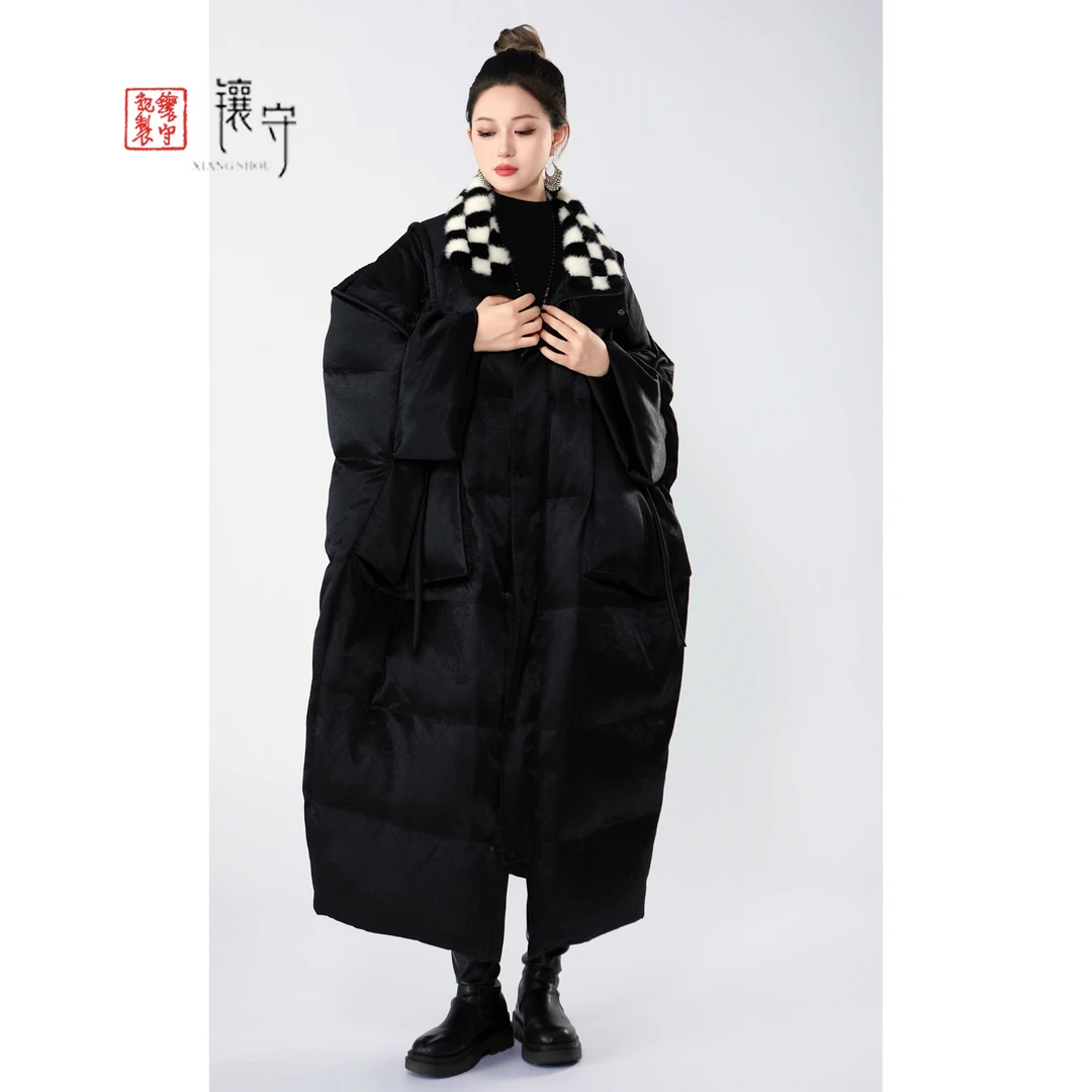 【镶守·棋泽】冬季新款拼接水貂重工千鸟格百搭保暖长白鹅绒服GY397