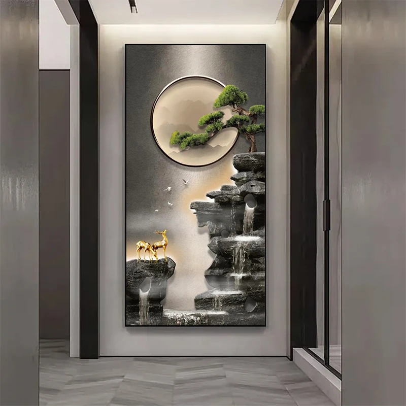 （迎客松）新中式新款玄关晶瓷镶钻画走廊过道装饰画