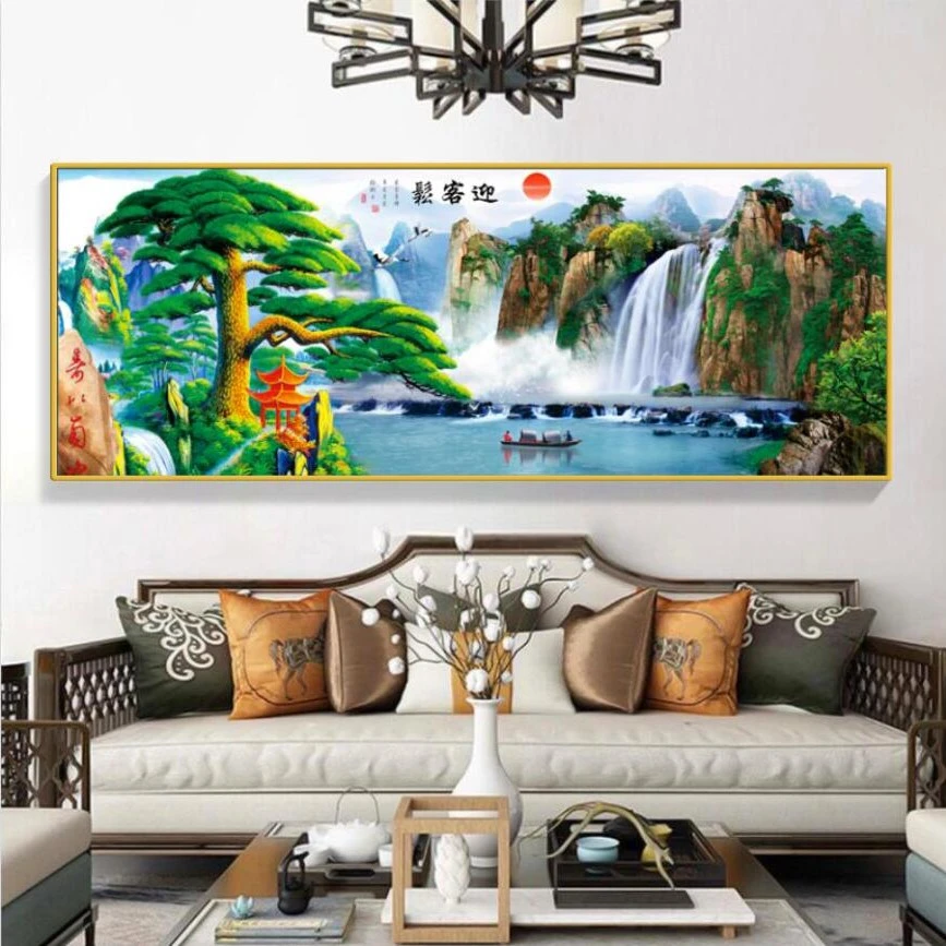 （迎客松）客厅沙发背景墙办公室轻奢晶瓷手工镶钻装饰挂画挂墙壁画