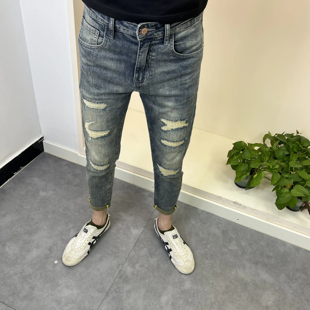 6977夏季浅蓝色九分修身小脚假破洞乞丐裤男牛仔裤子时尚休闲百搭