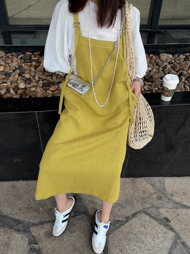 【夏日青柠】薄款衬衫两件套中长款背带连衣裙时尚套装24569