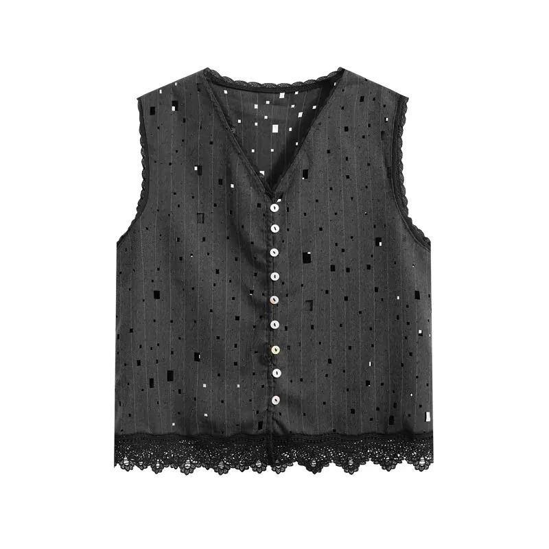 拼接蕾丝花边镂空破洞宽松马甲 12SJ2116