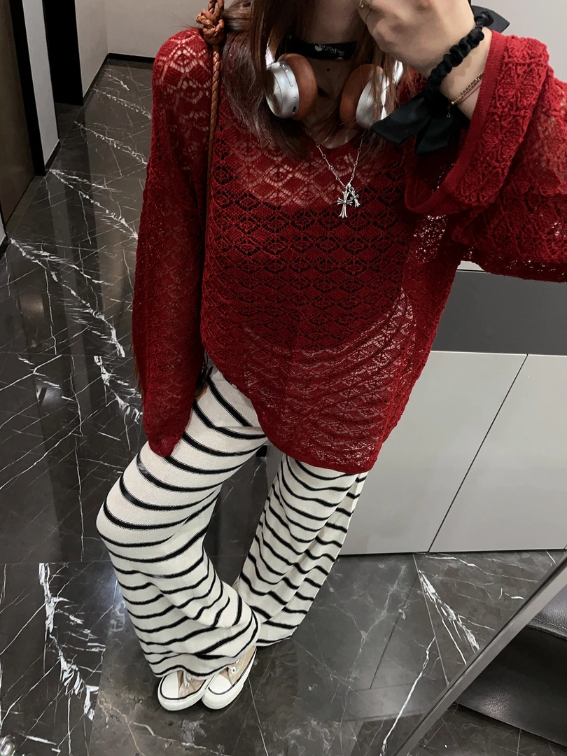 慵懒风钩花V领长袖针织衫 时尚镂空百搭显瘦防晒衣