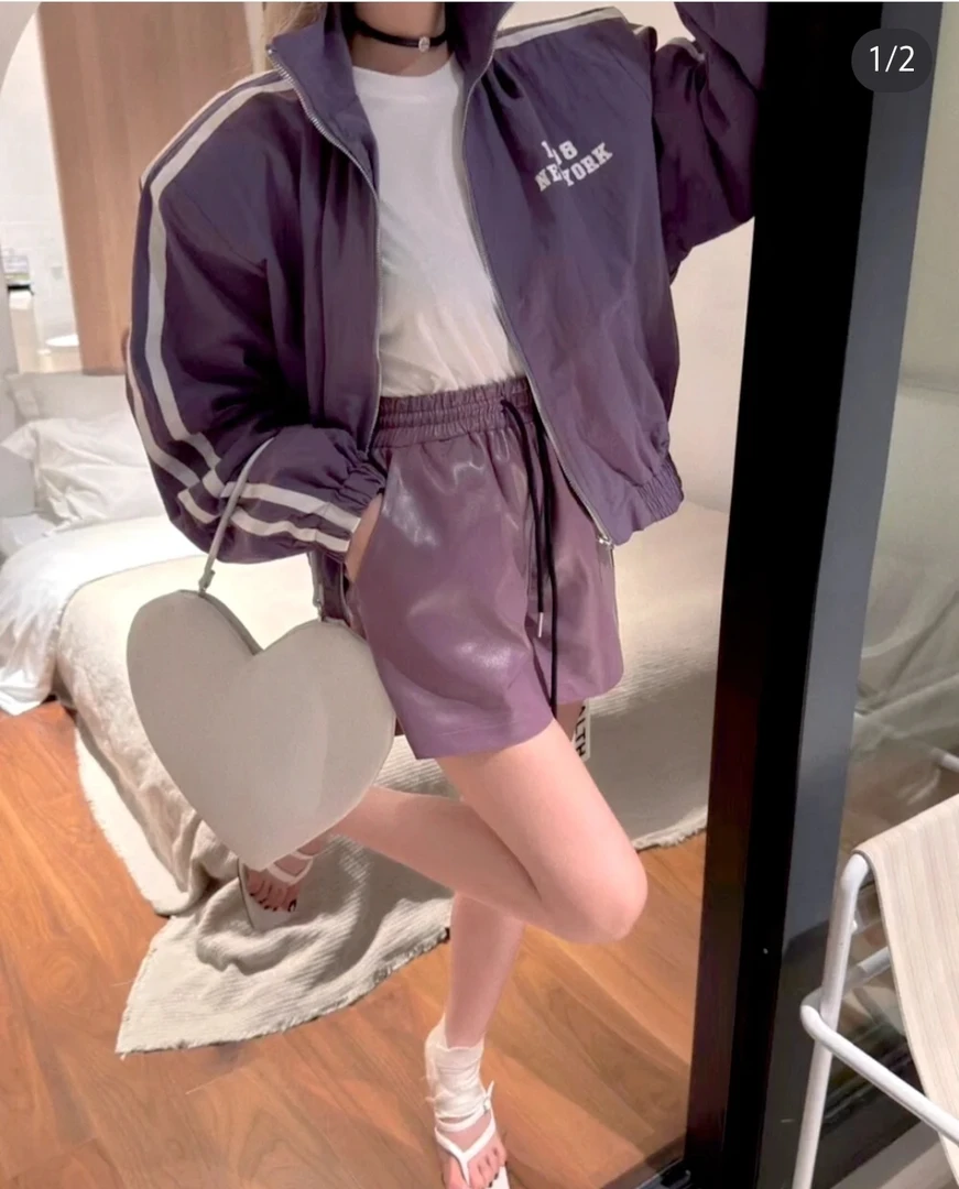 紫色松紧腰光感休闲短裤