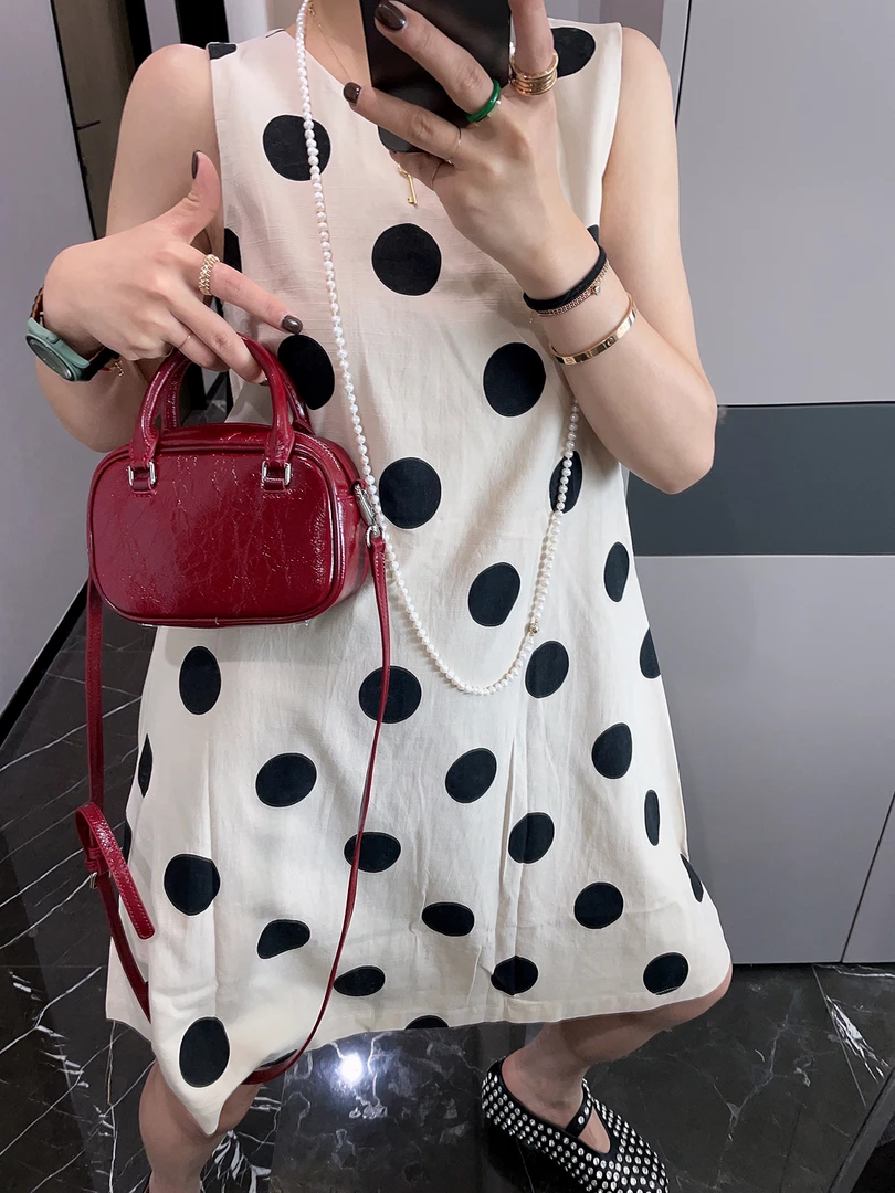 韩系圆领波点无袖背心裙女 休闲洋气简约连衣裙
