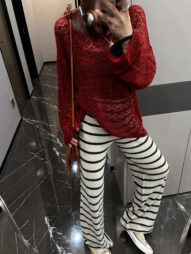 松弛感撞色条纹亚麻针织裤 垂感拖地长裤宽松阔腿裤