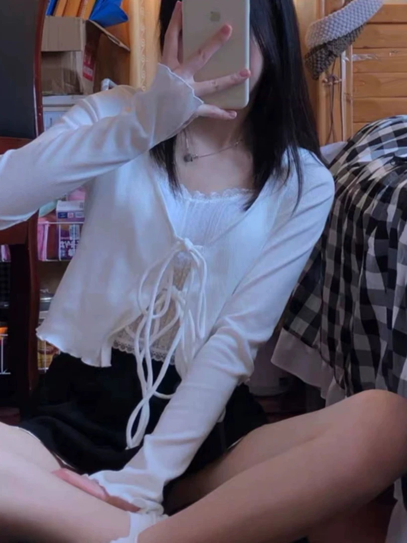 小众绑带小开衫女 V领薄款长袖防晒衫外搭外套