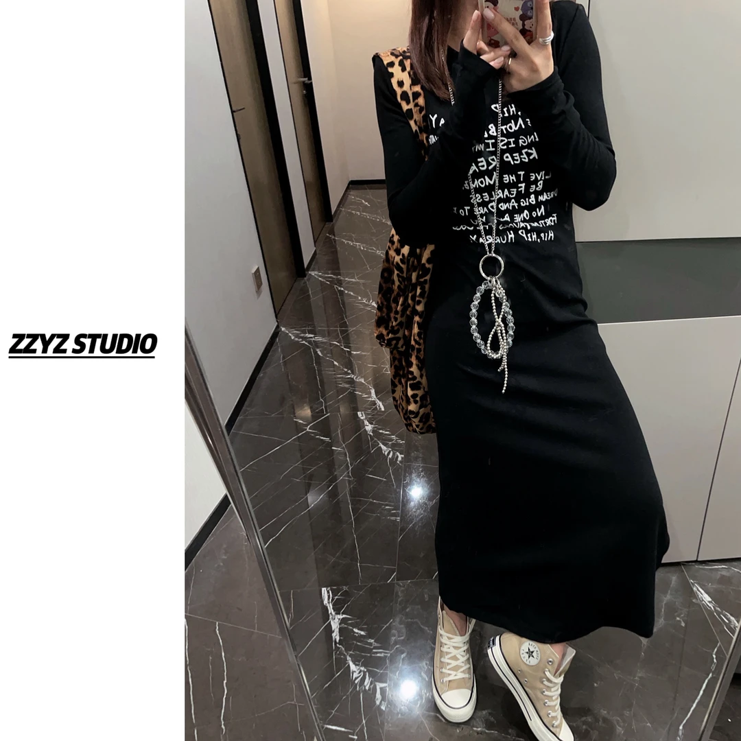 ins简约黑色印花字母长袖连衣裙 收腰显瘦长裙复古开叉裙