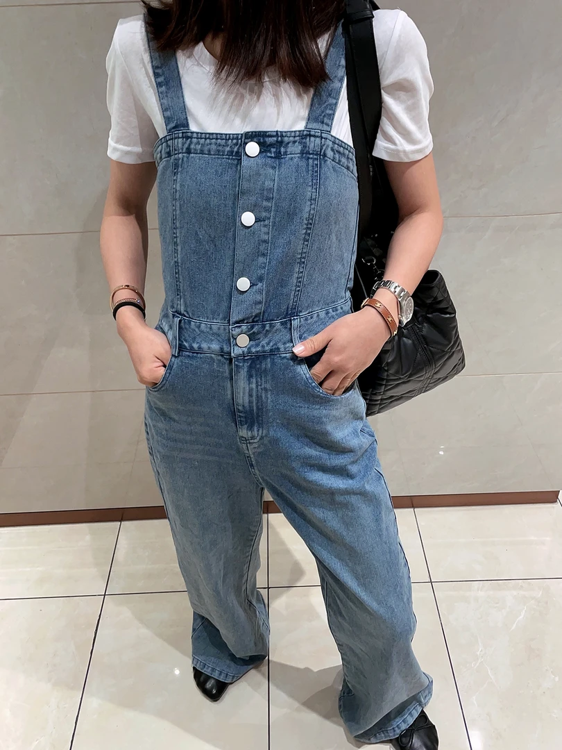 不费力穿搭  时尚感牛仔背带裤简约短袖T恤套装TFU252