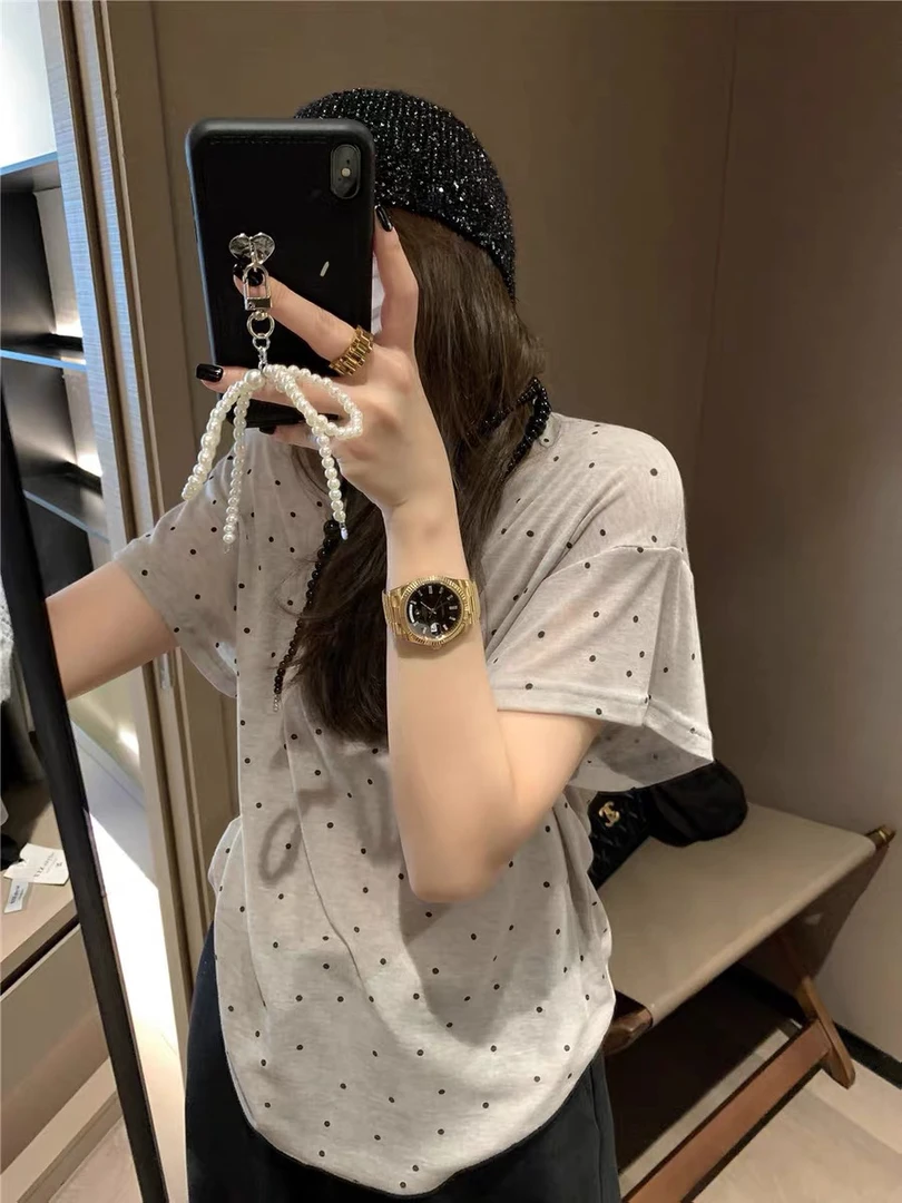 V领复古波点露锁骨显瘦短袖T恤  休闲时尚百搭