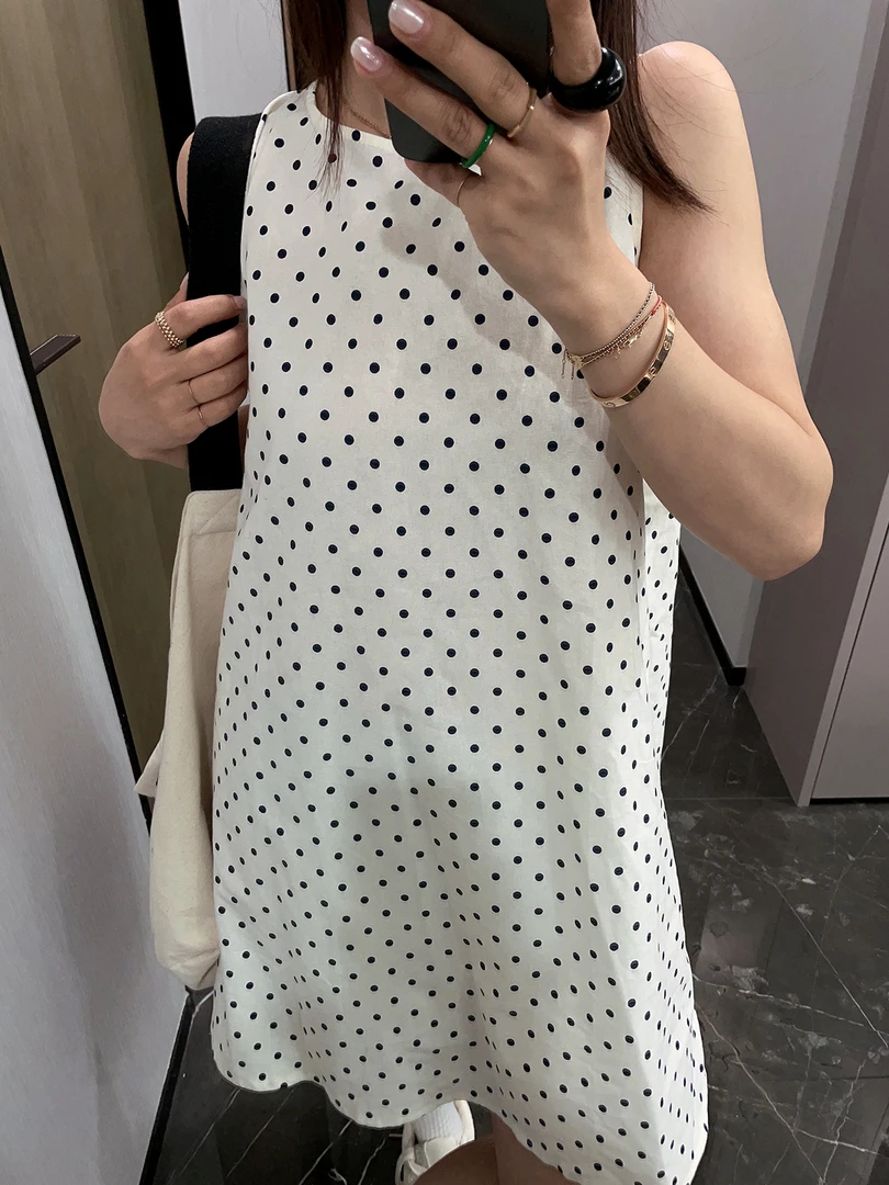 无袖圆领波点连衣裙 女春夏新款法式洋气背心裙内搭