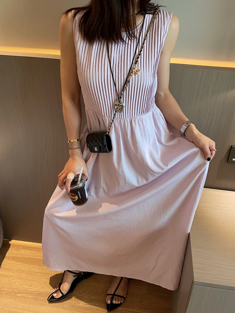 法式温柔风紫色无袖连衣裙女宽松休闲A字裙长裙