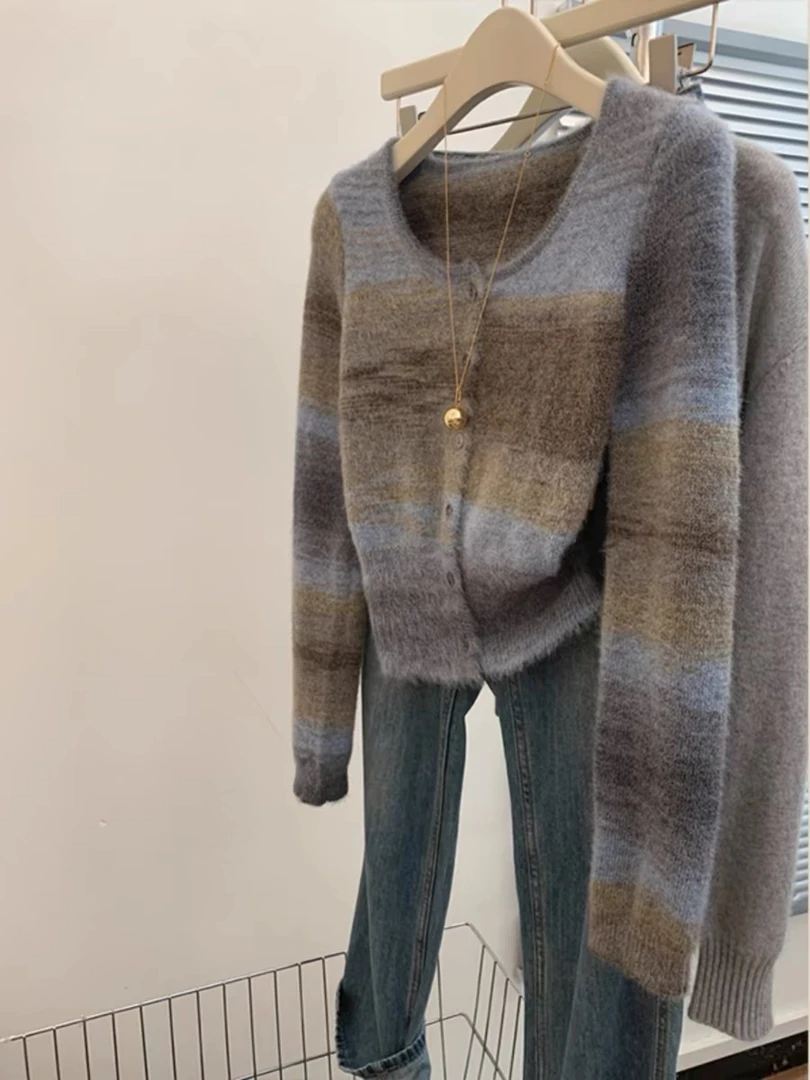 条纹独特气质针织开衫外套薄款宽松显瘦上衣女长袖毛衣