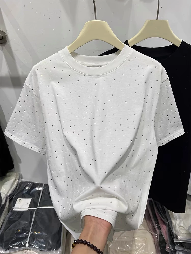 烫钻高级感短袖T恤 宽松遮屁股上衣慵懒风百搭打底衫65565