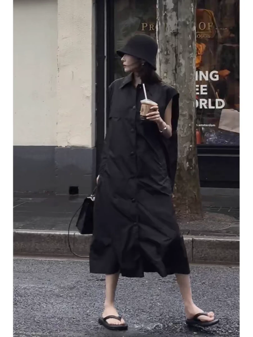 polo领无袖衬衫连衣裙 单排扣休闲小黑裙时尚宽松长裙TFL568