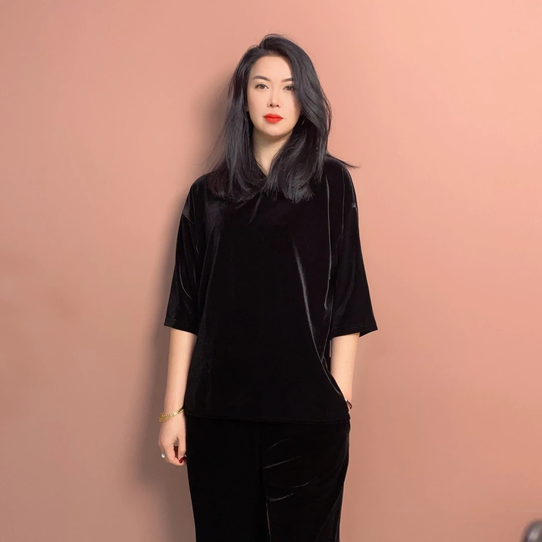 【花样年华】弹力丝绒中式显瘦时尚上衣短袖女装百搭休闲H-60007