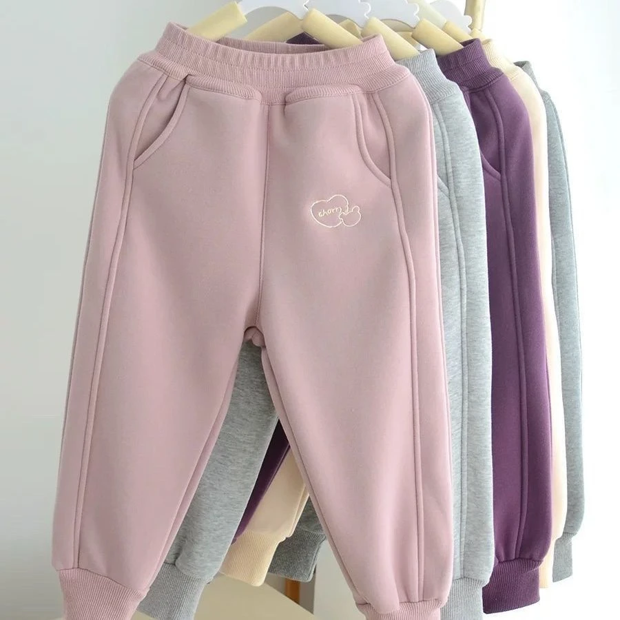 儿童加绒裤子女童奥利保暖长裤秋冬新款简约一体加厚运动裤卫裤