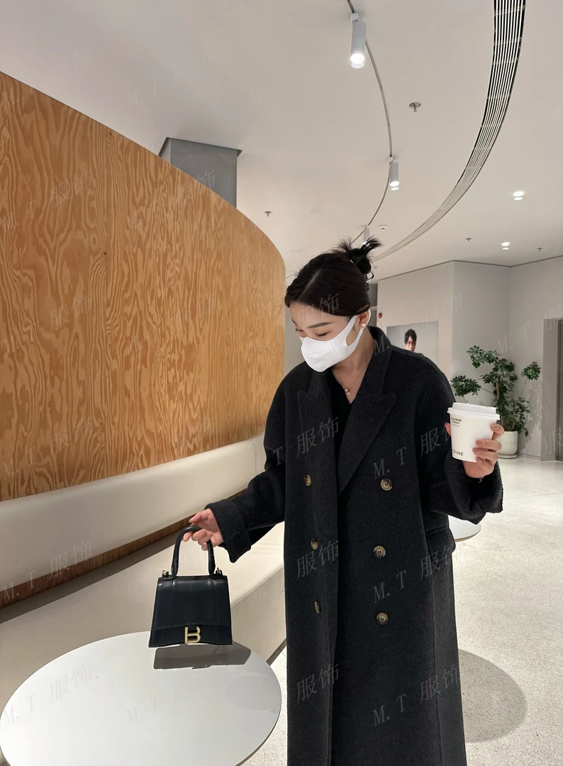 时尚秋冬新款黑灰色双面羊毛大衣百搭设计师休闲毛呢女大衣双排扣