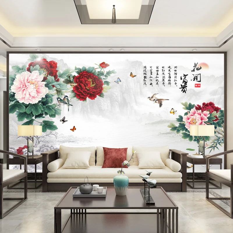 花开富贵电视背景墙8D立体定制客厅沙发墙壁画装饰壁布墙布影视墙