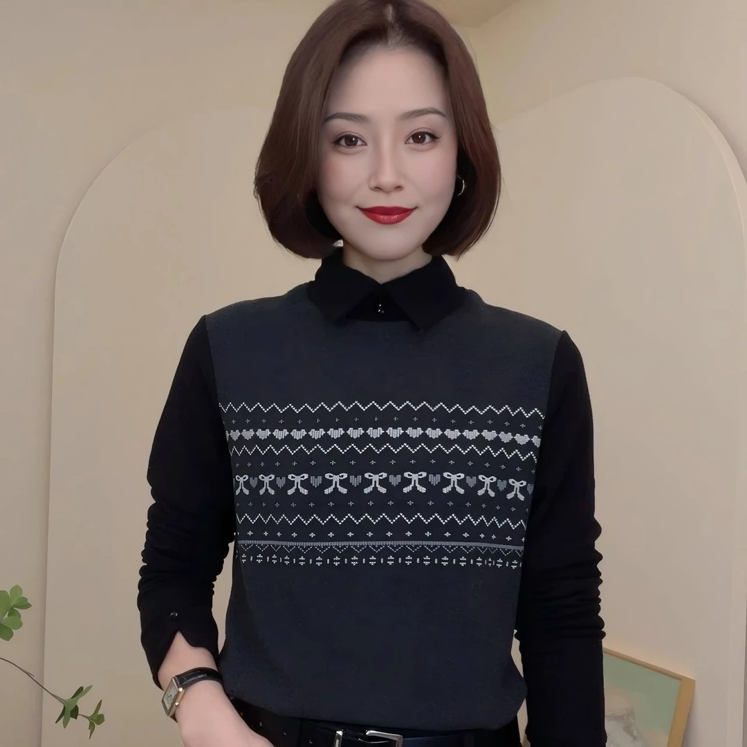 高档洋气冬款翻领设计感时尚百搭长袖减龄妈妈上衣秋冬新款小衫女