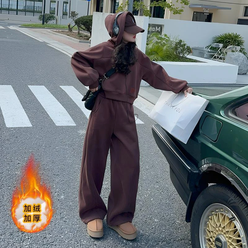 女童加绒套装秋冬2024新款洋气儿童加厚连帽卫衣休闲裤大童两件套