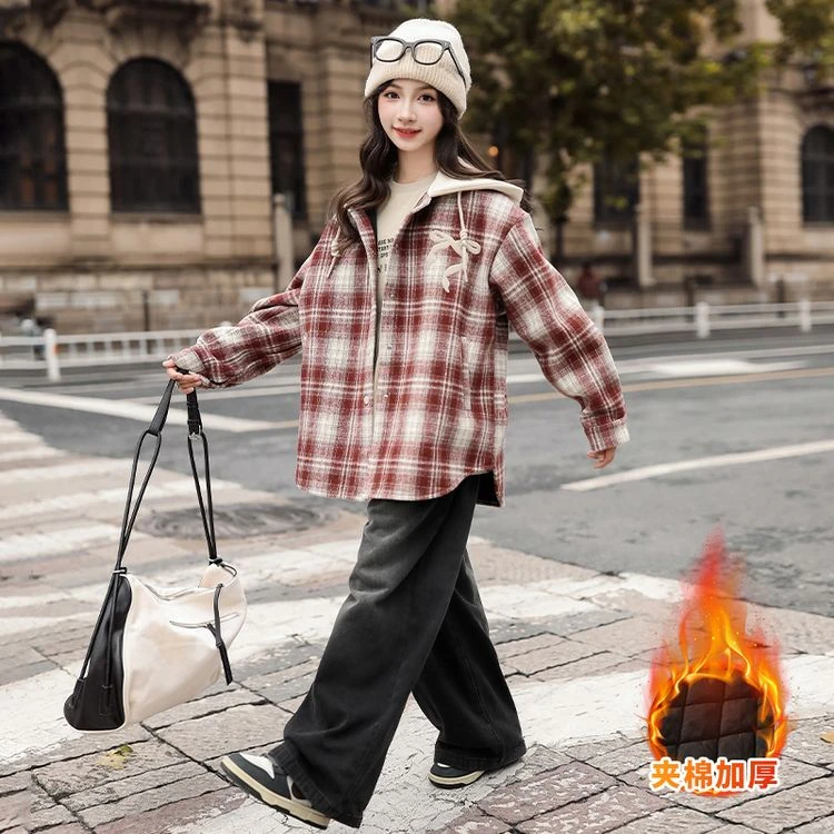 女童外套秋冬款2024新款中大童加厚格子外套冬装洋气儿童连帽上衣