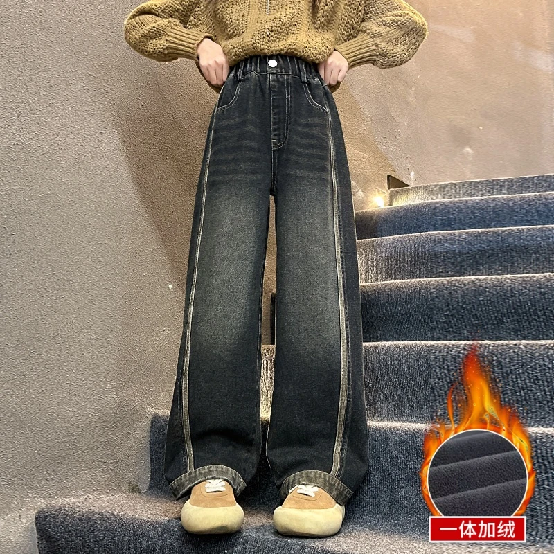 女童牛仔裤秋冬6-12岁潮款洋气儿童加绒裤子冬季大童牛仔裤一体绒