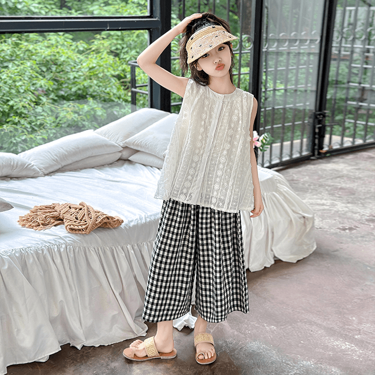 女童套装夏季6-12岁潮洋气儿童薄款时髦大童提花背心格子裤两件套