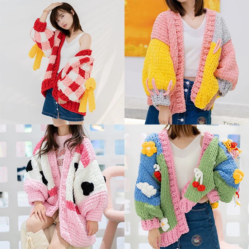 雪球diy手工编织手指圈圈线自制拼色毛衣外套材料包软糯秋冬开衫