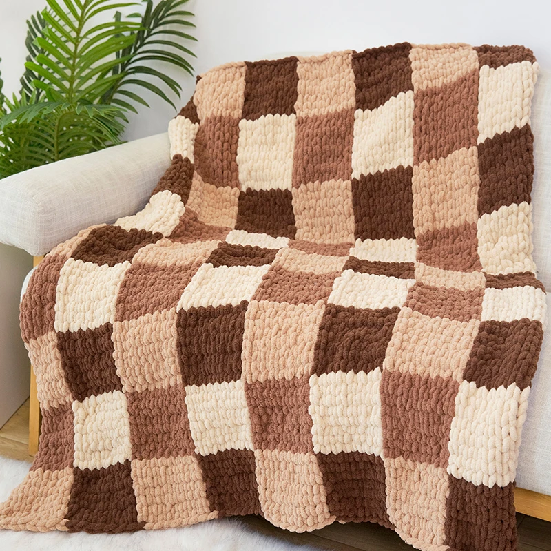 雪球diy手指圈圈巧克力方格毯子材料包手工编织毛线午睡盖毯钩编