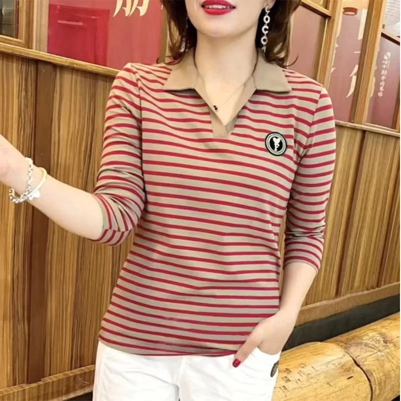 春秋款七分袖T恤女显瘦时尚百搭洋气条纹打底上衣简约中年妈妈装