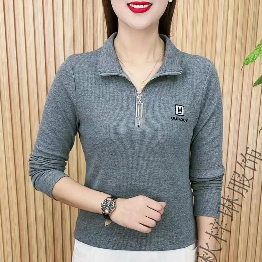 秋季新款拉链立领t恤上衣女士休闲翻领打底衫显瘦洋气百搭小衫