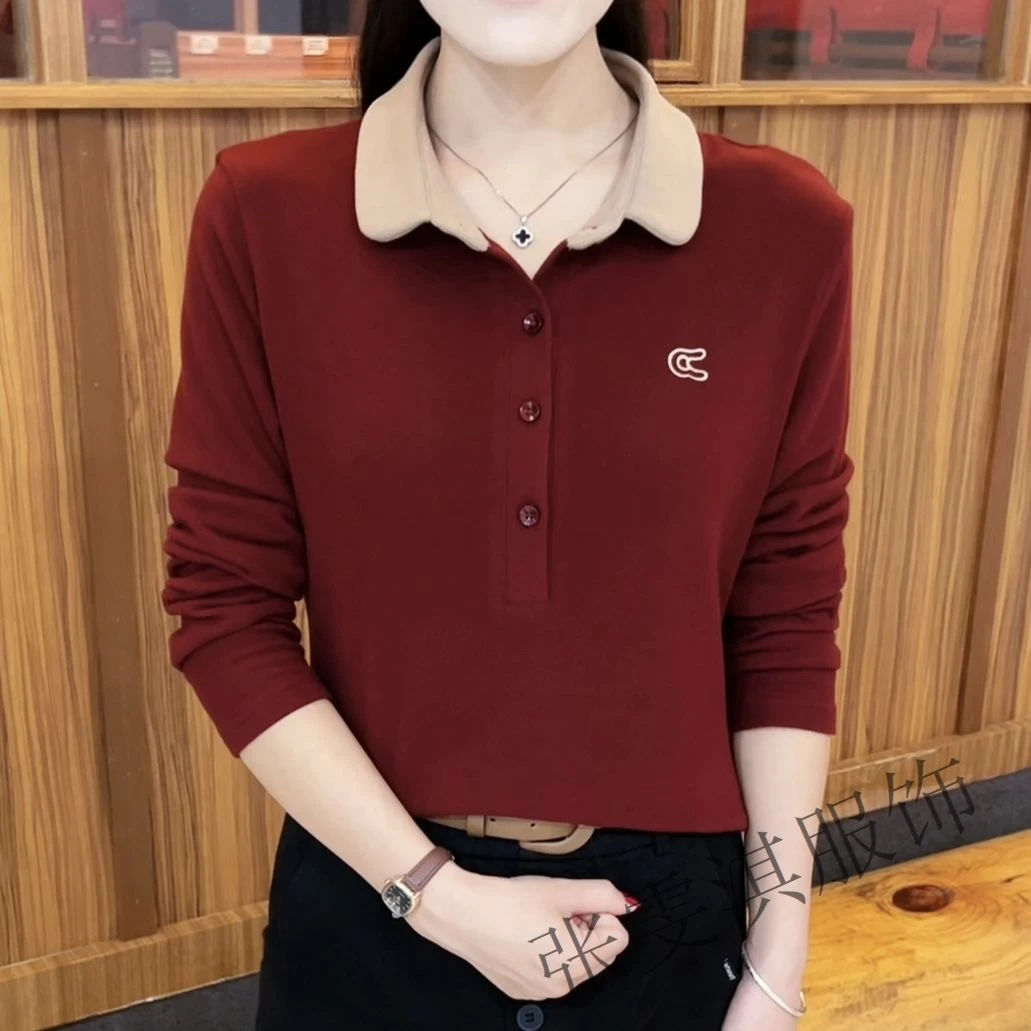 新款春秋薄款女上衣有领POLO领撞色刺绣打底衫长袖妈妈装
