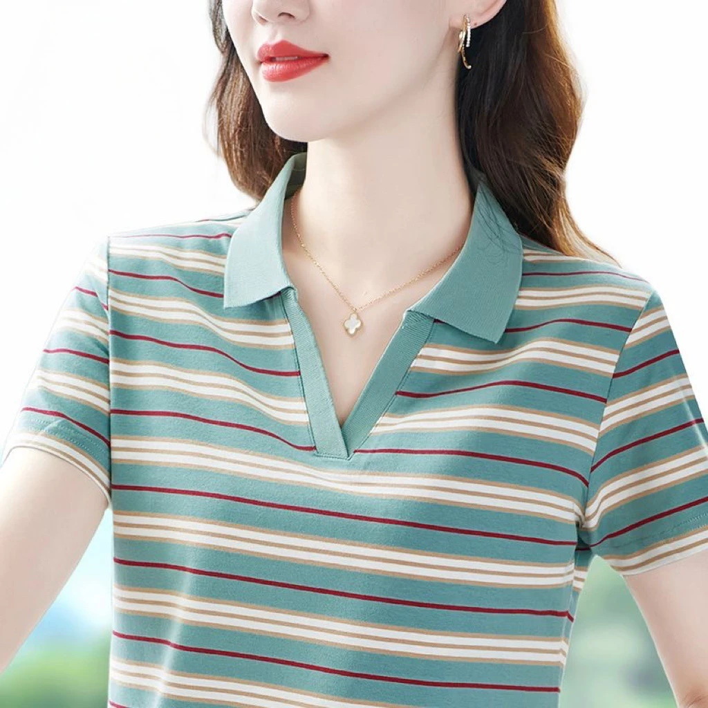 百搭条纹T恤女夏季翻领时尚韩版中年妈妈装宽松洋气大码显瘦小衫