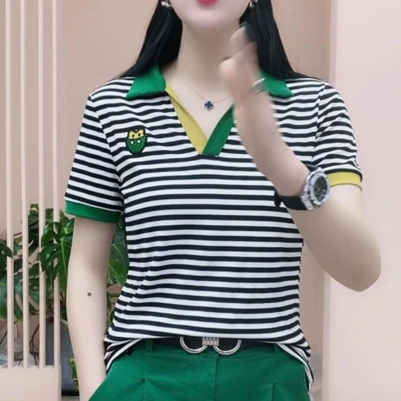 2023夏季爆款运动风翻领衫polo领显瘦横条时尚减龄短袖T恤女上衣