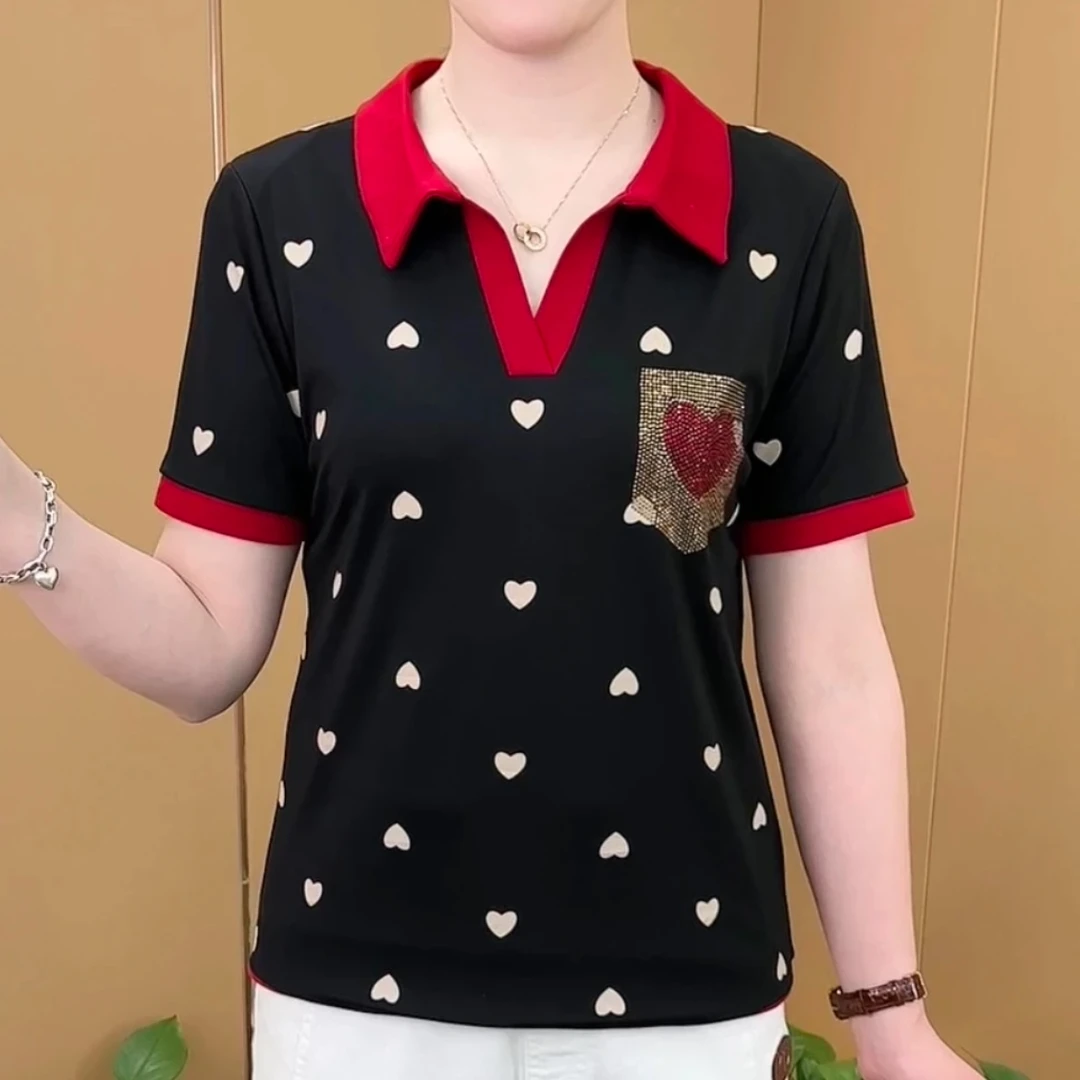 短袖t恤女士打底衫夏季翻领时尚洋气爱心烫钻百搭休闲休闲减龄