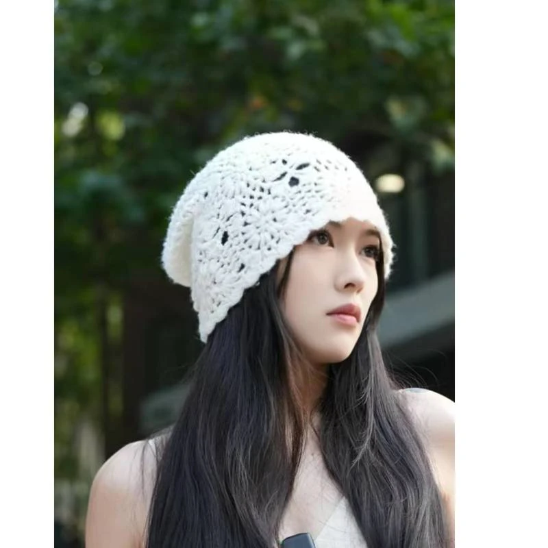 秋冬新款包头镂空气质百搭白色毛线包头帽  1d1855