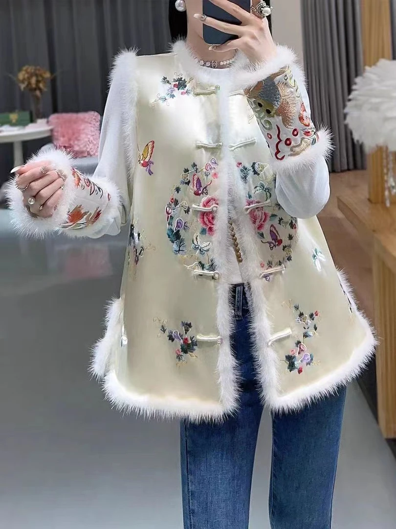 中式绣花国风女装旗袍棉服外套马甲2023新款加棉加厚唐装刺绣上衣