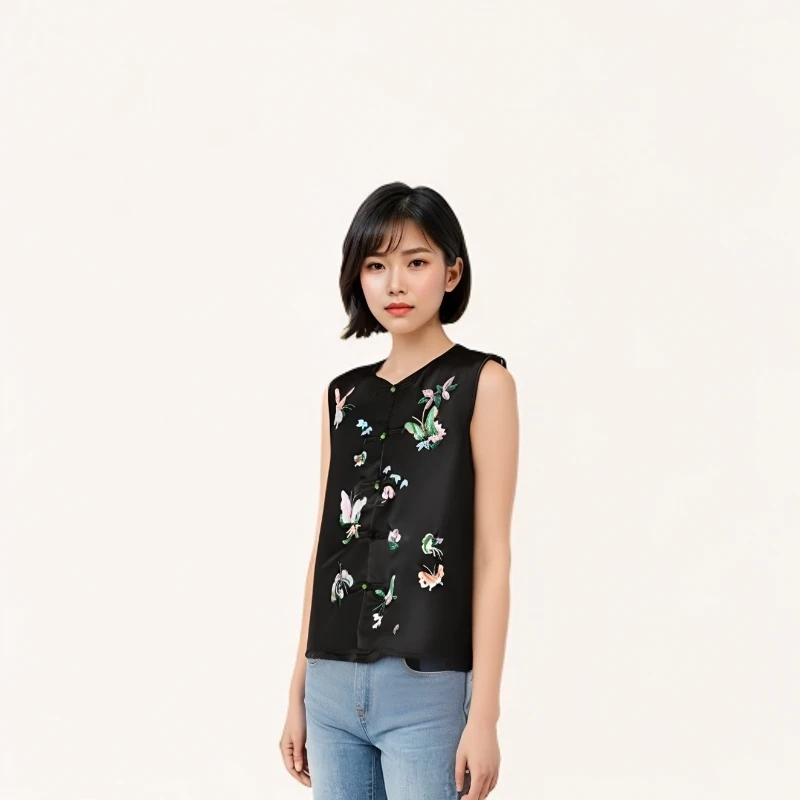 黑色复古刺绣马甲2024夏季新款减龄新中式民族国风盘扣中国风马夹