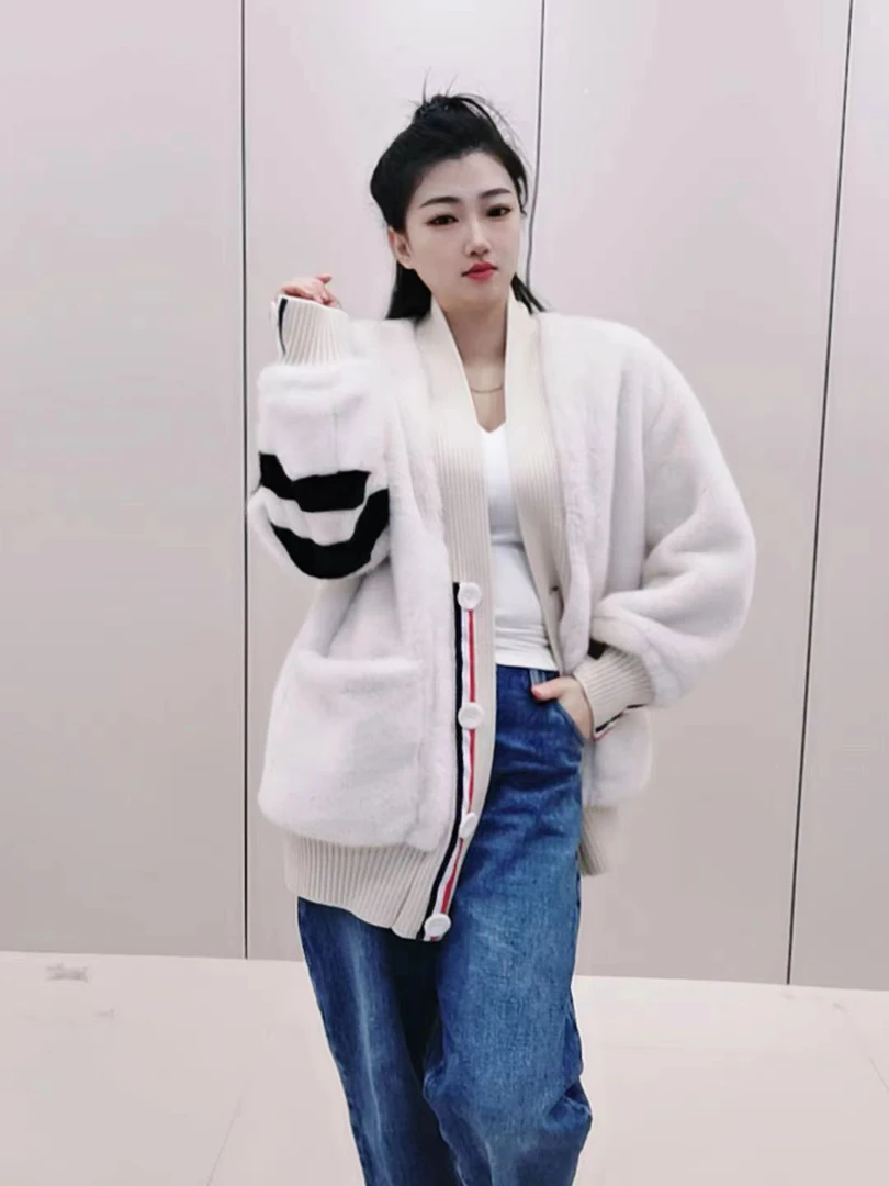 2024秋冬新款毛毛外套女软糯百搭宽松慵懒风长袖开衫针织撞色上衣