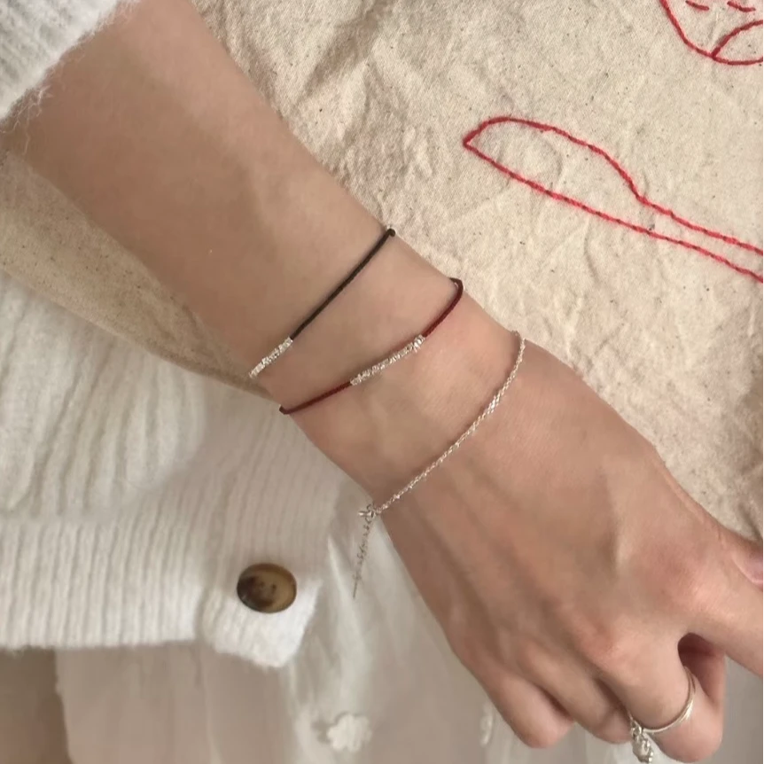925银手链 碎银子简易百搭红绳手绳银色小众设计情侣叠戴手链素链