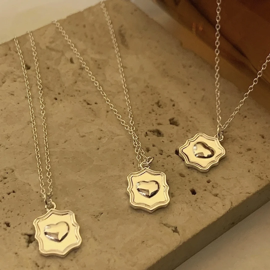 坠链均925银 几何方牌爱心形项链桃心吊坠小众设计百搭锁骨链吊坠