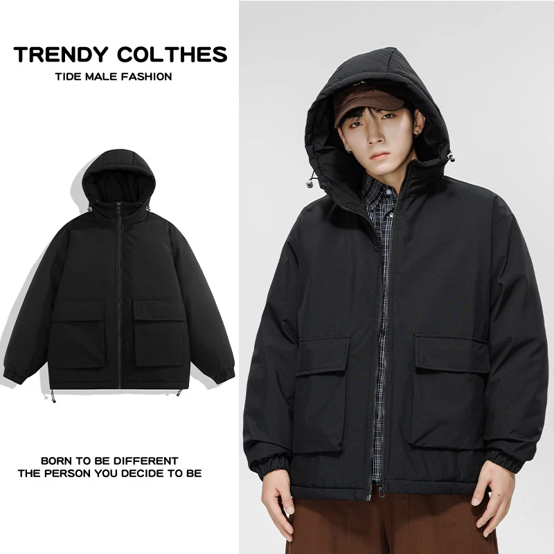 潮牌工装大码棉衣 纯色百搭大口袋立领连帽男女同款保暖棉服冬季